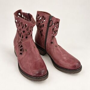 Dromedaris Boho Laser Cut Leather Ankle Boots Women 39 Plum Distressed Lug Sole